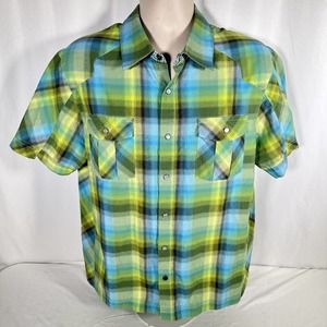 Mountain Hardwear Mens L Shirt Green Blue Short Sleeve Plaid Pearl Snap